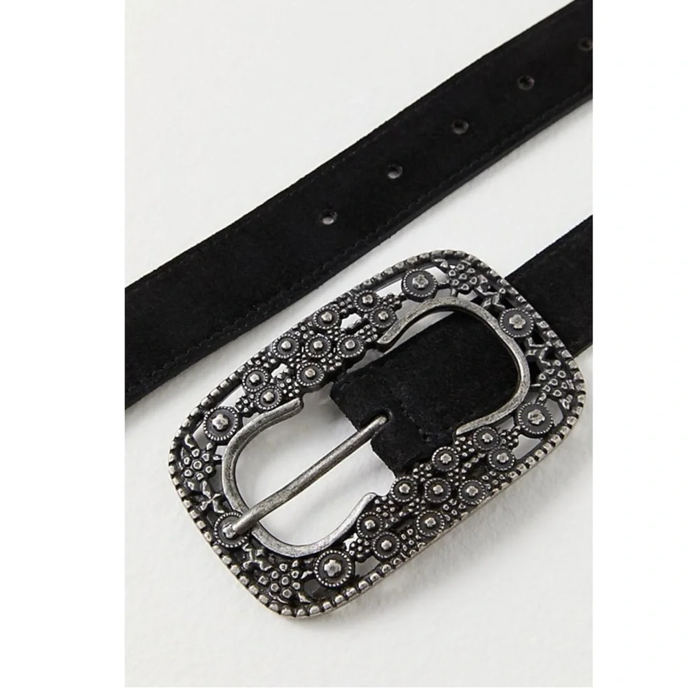 Free People Bohemian Witchy Suede Leather Soledad Jeans Belt Black NWT XS Small